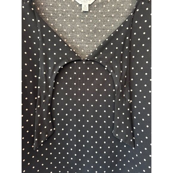 Conrad C Pleated Straps Black V Neck Blouse with White Polka Dots 2X - Picture 3 of 9